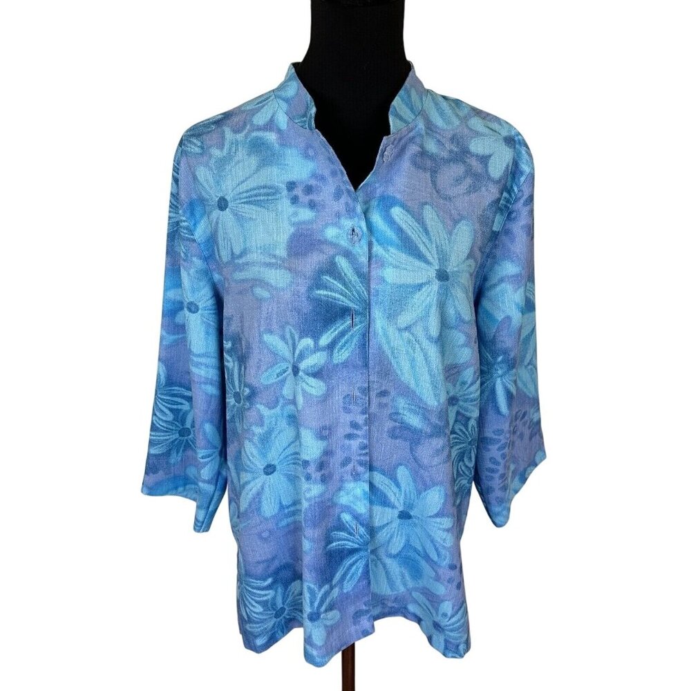 Drapers & Damons Womens Blue Floral Top Shirt Button Up Long Sleeve XL Mandarin